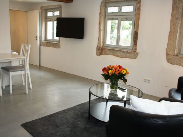 Helles Wohnzimmer mit TV, Ledersesseln, Glastisch und frischen Blumen im Business-Apartment bei Stuttgart